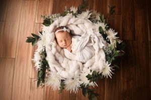 newborn baby in a basket surrounded by flowers - boulder newborn portrait photographer