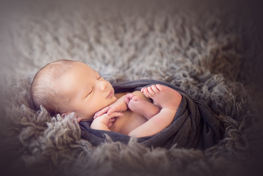 sleeping newborn baby wrapped in gray - boulder photographer